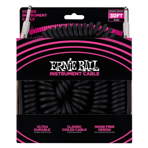 Ernie Ball Coiled Instrument Cable Straight/Straight 30ft - Black — instrumentu vads