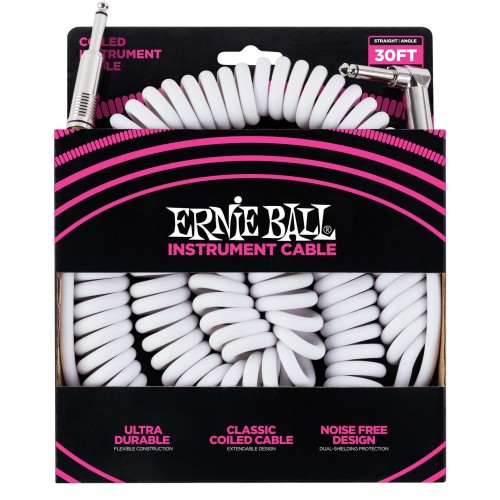 Ernie Ball Coiled Instrument Cable Straight/Angle 30ft - White — instrumentu vads Ernie Ball Coiled Instrument Cable Straight/Angle 30ft - White — instrumentu vads