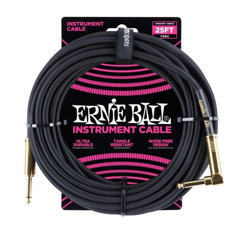 Ernie Ball Braided Instrument Cable Straight/Angle 25ft - Black — instrumentu vads Ernie Ball Braided Instrument Cable Straight/Angle 25ft - Black — instrumentu vads
