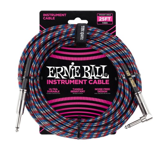 Ernie Ball Braided Straight / Angle Instrument Cable - Black / Red / Blue / White (7.62M) — instrumentu vads Ernie Ball Braided Straight / Angle Instrument Cable - Black / Red / Blue / White (7.62M) — instrumentu vads
