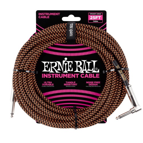 Ernie Ball Braided Straight / Angle Instrument Cable - Black / Orange (7.62M) — instrumentu vads Ernie Ball Braided Straight / Angle Instrument Cable - Black / Orange (7.62M) — instrumentu vads
