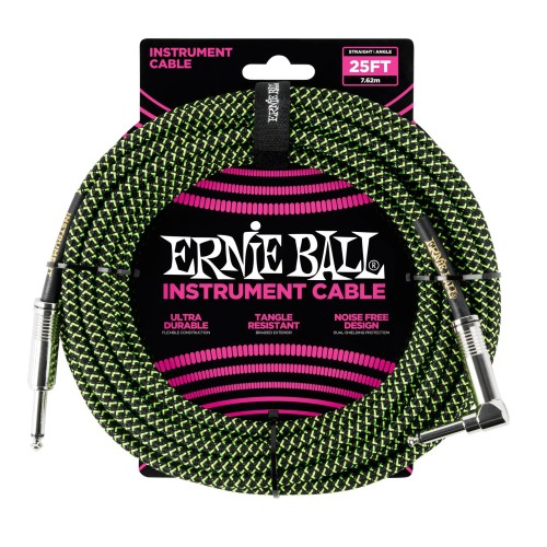 Ernie Ball Braided Instrument Cable Straight/Angle 25ft - Black/Green — instrumentu vads Ernie Ball Braided Instrument Cable Straight/Angle 25ft - Black/Green — instrumentu vads