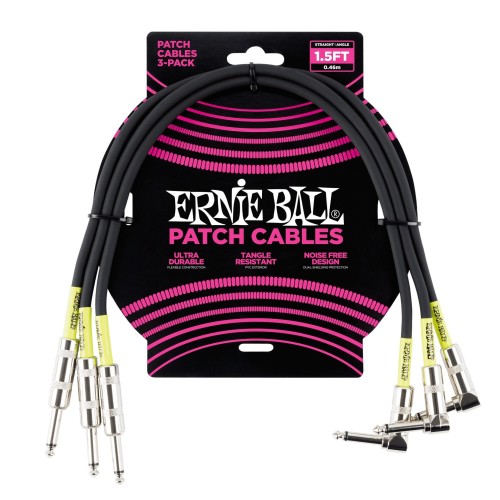 Ernie Ball Classic Patch Cable Straight/Angle 1.5ft - Black - 3 paku iepakojums — pedāļu savienojuma vads Ernie Ball Classic Patch Cable Straight/Angle 1.5ft - Black - 3 paku iepakojums — pedāļu savienojuma vads