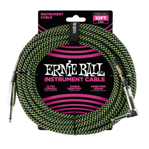 Ernie Ball Braided Instrument Cable Straight/Angle 10ft - Black/Green — instrumentu vads Ernie Ball Braided Instrument Cable Straight/Angle 10ft - Black/Green — instrumentu vads