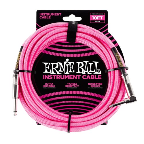 Ernie Ball Braided Instrument Cable Straight/Angle 10ft - Neon Pink — instrumentu vads Ernie Ball Braided Instrument Cable Straight/Angle 10ft - Neon Pink — instrumentu vads