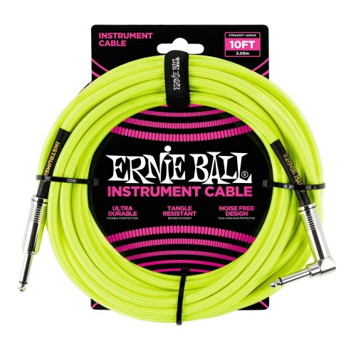 Ernie Ball Braided Instrument Cable Straight/Angle 10ft - Neon Yellow — instrumentu vads Ernie Ball Braided Instrument Cable Straight/Angle 10ft - Neon Yellow — instrumentu vads