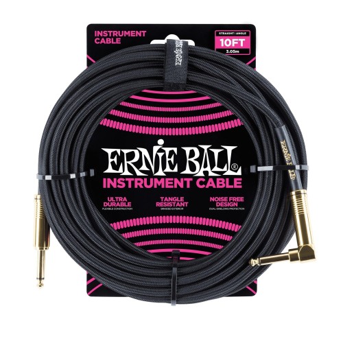 Ernie Ball Braided Instrument Cable Straight/Angle 10ft - Black w/Gold Connectors — instrumentu vads Ernie Ball Braided Instrument Cable Straight/Angle 10ft - Black w/Gold Connectors — instrumentu vads