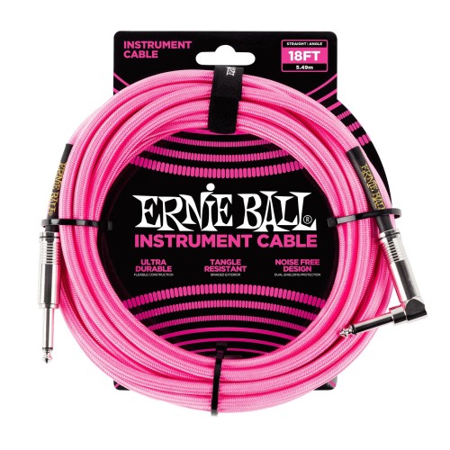 Ernie Ball Braided Instrument Cable Straight/Angle 18ft - Neon Pink — instrumentu vads Ernie Ball Braided Instrument Cable Straight/Angle 18ft - Neon Pink — instrumentu vads