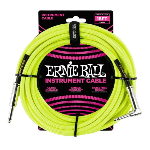 Ernie Ball Braided Straight / Angle Instrument Cable 18ft Neon Yellow — instrumentu vads Ernie Ball Braided Straight / Angle Instrument Cable 18ft Neon Yellow — instrumentu vads