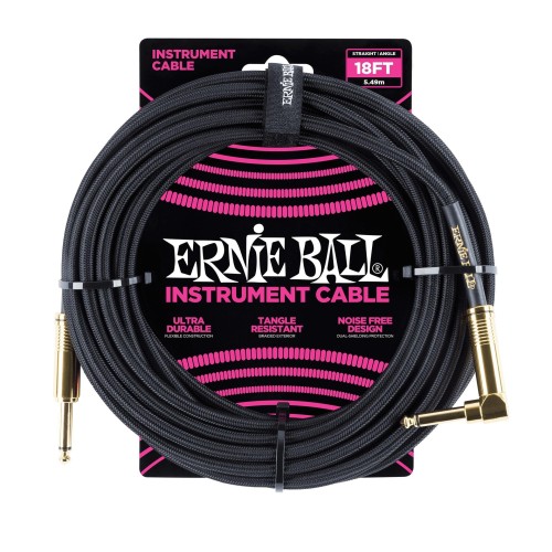 Ernie Ball Braided Instrument Cable Straight/Angle 18ft - Black w/Gold Connectors — instrumentu vads Ernie Ball Braided Instrument Cable Straight/Angle 18ft - Black w/Gold Connectors — instrumentu vads