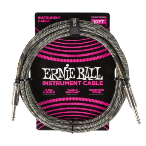 Ernie Ball Braided Instrument Cable Straight/Straight 10ft - Silver Fox — instrumentu vads
