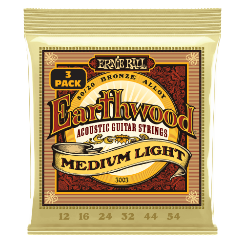 Ernie Ball Medium Light Earthwood 80/20 Bronze 12-54 - 3 paku iepakojums — akustiskās ģitāras stīgas Ernie Ball Medium Light Earthwood 80/20 Bronze 12-54 - 3 paku iepakojums — akustiskās ģitāras stīgas