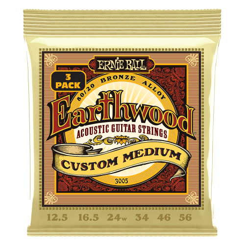 Ernie Ball Custom Medium Earthwood 80/20 Bronze 12.5-56 - 3 paku iepakojums — akustiskās ģitāras stīgas Ernie Ball Custom Medium Earthwood 80/20 Bronze 12.5-56 - 3 paku iepakojums — akustiskās ģitāras stīgas