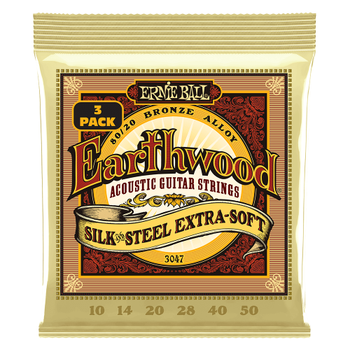 Ernie Ball Extra Soft Earthwood 80/20 Bronze Silk & Steel 10-50 - 3 paku iepakojums — akustiskās ģitāras stīgas