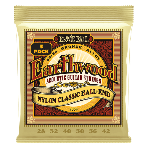 Ernie Ball Earthwood 80/20 Bronze Nylon Ball End Folk/ - Clear & Gold - 3 paku iepakojums — klasiskās ģitāras stīgas