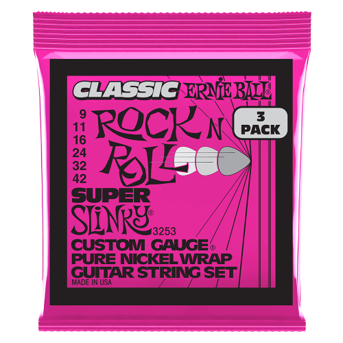 Ernie Ball Super Slinky Classic Rock n Roll Pure Nickel Wrap 9-42 - 3 paku iepakojums — elektriskās ģitāras stīgas