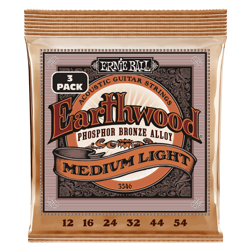 Ernie Ball Medium Light Earthwood Phosphor Bronze 12-54 - 3 paku iepakojums — akustiskās ģitāras stīgas Ernie Ball Medium Light Earthwood Phosphor Bronze 12-54 - 3 paku iepakojums — akustiskās ģitāras stīgas