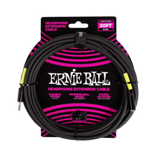 Ernie Ball Headphone Extension Cable 3.5mm to 3.5mm 20ft - Black — austiņu vads