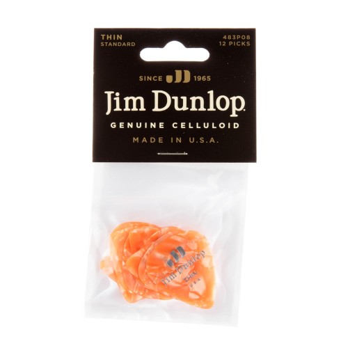 Jim Dunlop 483P08TH Orange Pearloid Celluloid Thin Guitar Picks (12-Bag) — mediatoru komplekts Jim Dunlop 483P08TH Orange Pearloid Celluloid Thin Guitar Picks (12-Bag) — mediatoru komplekts