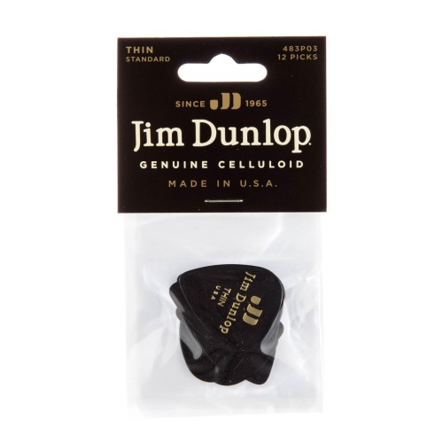 Jim Dunlop 483P03TH Black Classic Celluloid Thin Guitar Picks (12-Bag) — mediatoru komplekts Jim Dunlop 483P03TH Black Classic Celluloid Thin Guitar Picks (12-Bag) — mediatoru komplekts