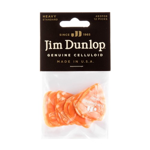 Jim Dunlop 483P08HV Orange Pearloid Celluloid Heavy Guitar Picks (12-Bag) — mediatoru komplekts