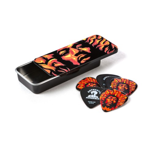 Jim Dunlop JHPT14H Authentic Hendrix '69 Psych Series Voodoo Fire Pick Tin — mediatoru komplekts Jim Dunlop JHPT14H Authentic Hendrix '69 Psych Series Voodoo Fire Pick Tin — mediatoru komplekts