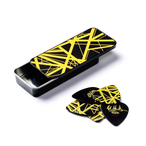 Jim Dunlop EVHPT04 Eddie Van Halen Black With Yellow Stripes Guitar Pick Tin (6 Pcs) — mediatoru komplekts Jim Dunlop EVHPT04 Eddie Van Halen Black With Yellow Stripes Guitar Pick Tin (6 Pcs) — mediatoru komplekts