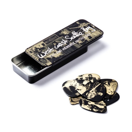 Jim Dunlop JHPT10H Jimi Hendrix West Coast Seattle Boy Assorted Guitar Pick Tin (12 Pcs) — mediatoru komplekts Jim Dunlop JHPT10H Jimi Hendrix West Coast Seattle Boy Assorted Guitar Pick Tin (12 Pcs) — mediatoru komplekts