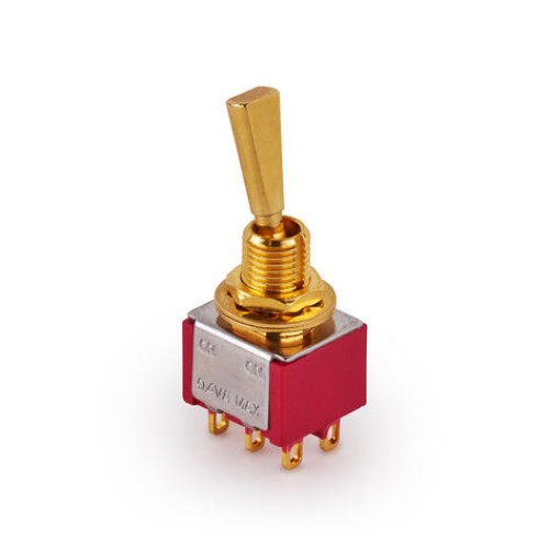 MEC Mini Toggle Switch, Flat, Solder Lugs, ON/ON, DPDT - Gold slēdzis MEC Mini Toggle Switch, Flat, Solder Lugs, ON/ON, DPDT - Gold slēdzis