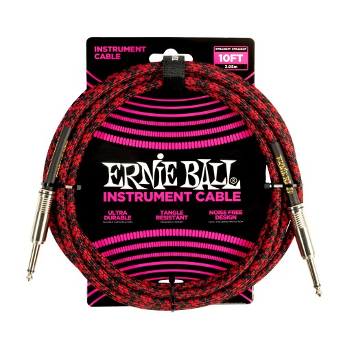 Ernie Ball 6394 10ft Braided Straight Red Black ģitāras vads Ernie Ball 6394 10ft Braided Straight Red Black ģitāras vads